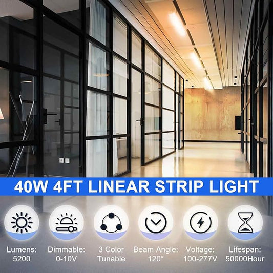 4FT Tunable LED Strip Linear Lights, 24W/32W/40W Selectable Wattage & 3CCT 3500K/4000K/5000K, 0-10V Dimmable, 5200LM, AC100-277V Linkable LED Shop Light Fixture, DLC ETL Listed, (4 Pack)