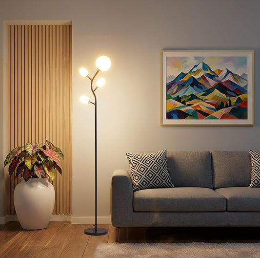 Fiqevs 4 Globe Floor Lamp with 2700K Warm Light LED Bulbs Included, Mid Century Modern Tree Standing Lamp with Frosted Glass Shade, Arc Torch Tall Lamp for Living Room, Bedroom, Office, Matt Black