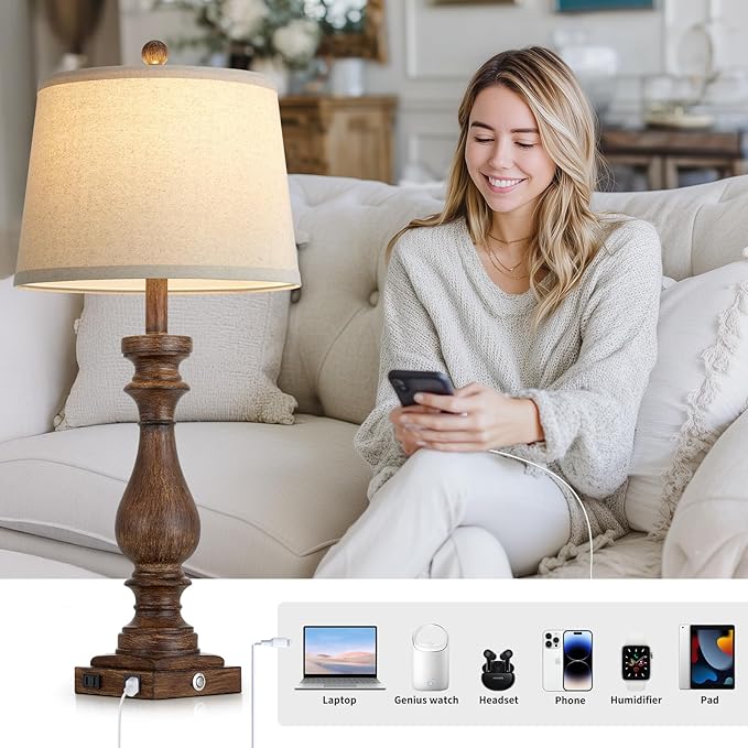 29" Tall Vintage Table Lamps Set of 2,Farmhouse Bedside Lamps with USB C+A Ports & AC Outlet,3-Way Dimmable Touch Lamp for Night Stands Living Room Bedroom,Brown
