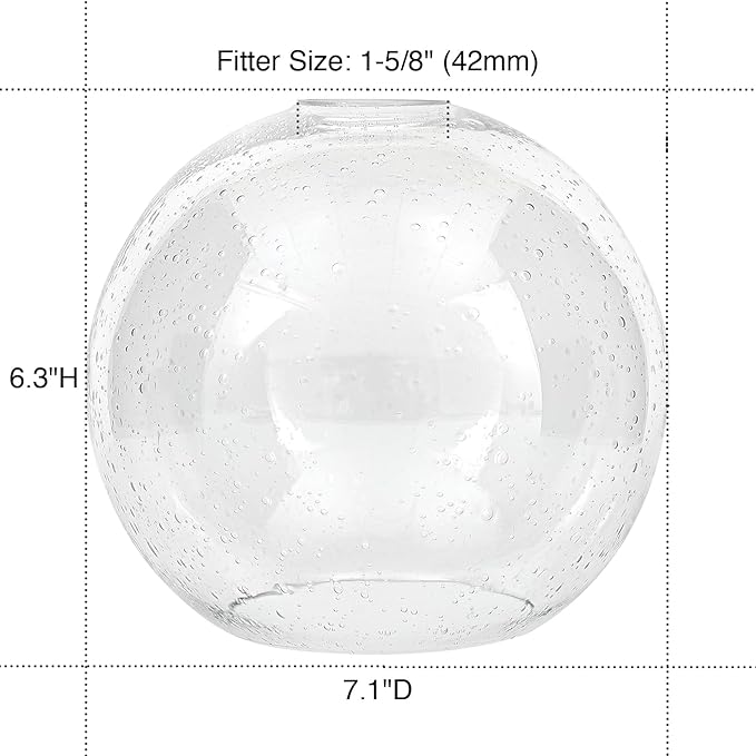 Glass Lamp Shade Replacement Globe for Light Fixture, 1-5/8 inch Fitter, 7.1" Diameter, 6.3" Height, Clear Seeded Bubble Effect Glass Cover