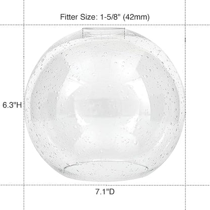 Glass Lamp Shade Replacement Globe for Light Fixture, 1-5/8 inch Fitter, 7.1" Diameter, 6.3" Height, Clear Seeded Bubble Effect Glass Cover