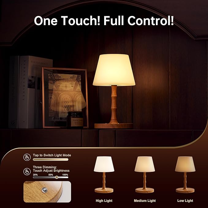 Desk Lamp Cordless Table Shower Lamp Waterproof,Rechargeable Battery Operated Lamps for Bedroom Night Stands,3 Colors Touch Dimmable Small Outdoor Lamps,4000mAh LED Wood Grain