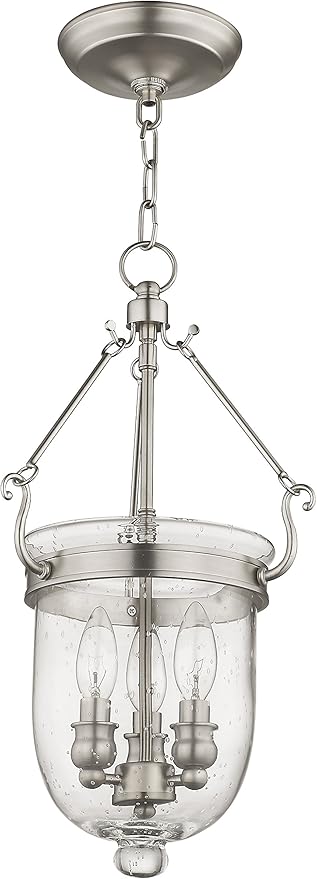 Livex Lighting 5083-91 Jefferson 3 Light Brushed Nickel Bell Jar Hanging Lantern with Seeded Glass