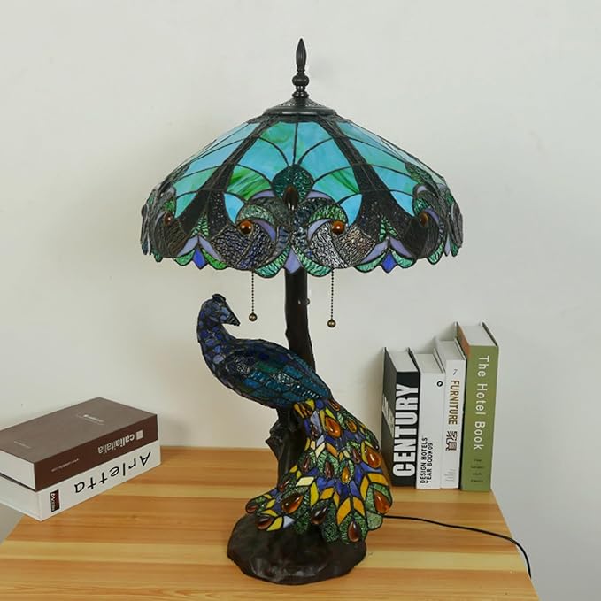 Large Tiffany Table Lamp 18" Wide Handmade Stained Glass Lamp Shade 3 Light Peacock Style Vintage Desk Light for Living Room Bedroom Bedside Reading Light,Victoria