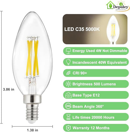 Depuley LED Light Bulbs E12: Candelabra Candle Light Bulb 4W Equivalent 40W Incandescent - LED Chandelier Light Bulbs 5000K Daylight - C35 Clear Filament Bulb E12 Base 500 LM 90+ CRI 12 Pack