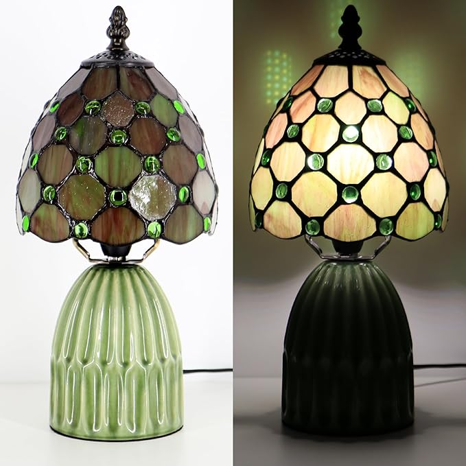Tiffany Lamp Stained Glass Mushroom Table Lamps 6X6X12.5 Inch Amber Green Pearl Style Small Night Light Ceramic Base Mini Accent Desk Light Suitable for Bedside Table Bedroom Children Room