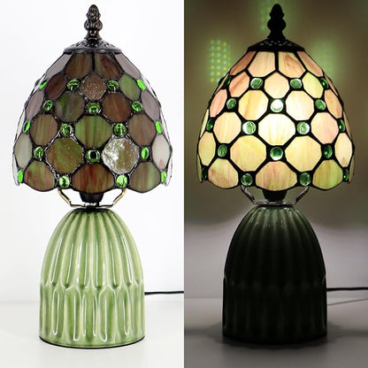 Tiffany Lamp Stained Glass Mushroom Table Lamps 6X6X12.5 Inch Amber Green Pearl Style Small Night Light Ceramic Base Mini Accent Desk Light Suitable for Bedside Table Bedroom Children Room