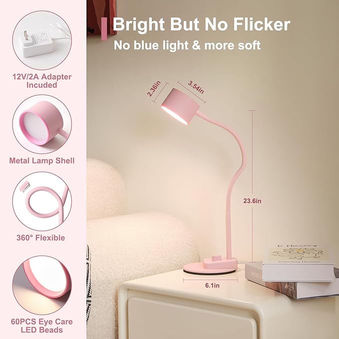 Cute Desk Lamp with USB C + A Charging Port, 5 Colors Dimmable Reading Lamps, Minimalist Pink Lamp for Kids, Eye Care Metal Bedside Table Lamp with Timer Flexible Desk Light for Home Office