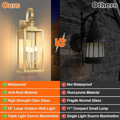 19'' Large Outdoor Wall Lantern, Gold Waterproof Outside Wall Sconce Lights for House, Anti-Rust Exterior Lighting Fxitures with Clear Glass Shade for Front Porch, Garage, Patio, 1-Pack