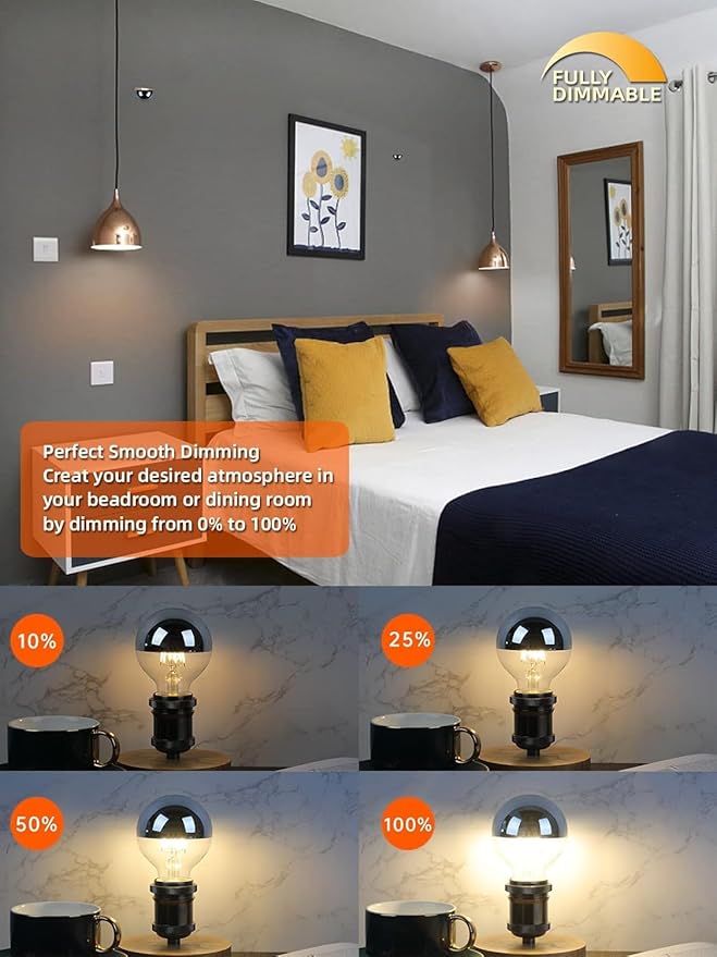 XININSUN Dimmable Half Chrome Light Bulb,6W (60W Eqv.), Anti Glare LED Light Bulbs,G25 Globe Light Bulbs,E26 G80 Silver Dipped Bulb for Bathroom, Vanity, Mirror,4000K Daylight,4Pcs