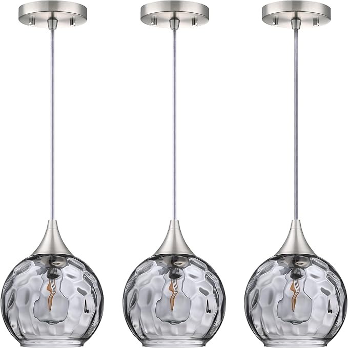 Doraimi Lighting 6.25" Gray Glass Pendant Light 3 Pack Pendant Ceiling Light Fixtures Brushed Nickel Finish Modern Farmhouse Dinning Over Sink Adjustable Height Cord