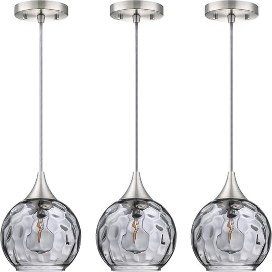 Doraimi Lighting 6.25" Gray Glass Pendant Light 3 Pack Pendant Ceiling Light Fixtures Brushed Nickel Finish Modern Farmhouse Dinning Over Sink Adjustable Height Cord