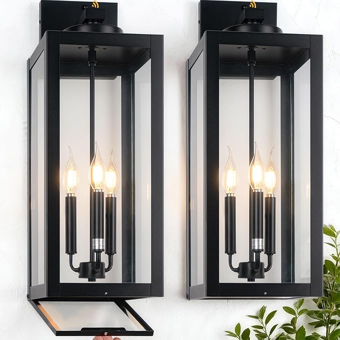 24" Extra Large Fully Enclosed Dusk to Dawn Outdoor Light Fixture 3-Light, Black Outdoor Porch Lantern Wall Mounted, Waterproof Outside Wall Sconce Coach Lamp for House, E12, 2 Packs