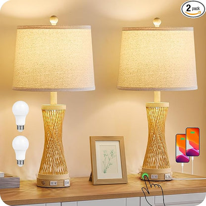 24.4”Farmhouse Rattan Table Lamps Set of 2, Touch Bedside Lamps for Bedroom with Dimmable Night Light, USB A+C Ports, Bamboo Boho Nightstand Lamp with Cream Linen Shade, C04TL05