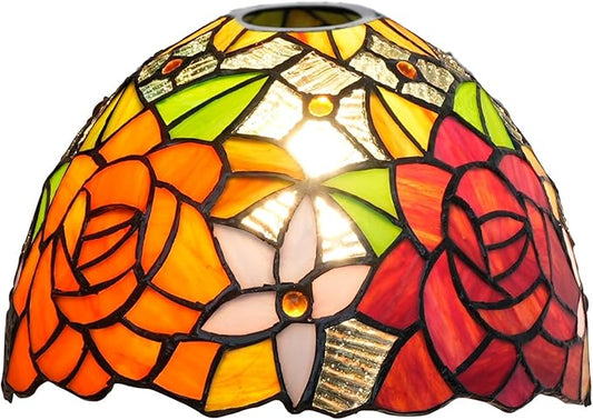 Tiffany Replacement Lamp Shade, 8 Inch Gorgeous Roses Stained Glass Lamp Shade Handmade Vintage Lampshades Accessories Fit for Table Lamp Pendant Light Wall lamp