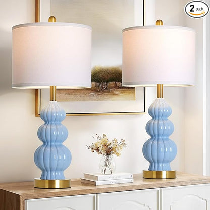 Blue Ceramic Lamps Set of 2, 26.5" Modern Table Lamps for Living Room, Classic Bedside Lamp with Triple Gourd, Elegant Bedroom Lamp for Night Stand Desk Side End Table Home Decor