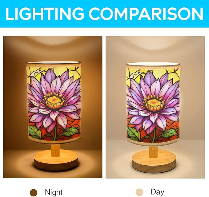 Aster Flower Table Lamp LED 3-Color Pressed Bedside, Aster Flower Shade Lamp with Wood Base for Bedroom Living Room Desk Office TL01