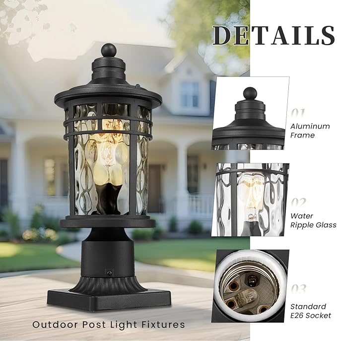 Outdoor Post Light Hardwired Waterproof Aluminum Pole Light Fixture with Water Ripple Glass Exterior Lamp Post Lantern for Garden Yard Patio Pathway 14.6 Inch E26 Socket