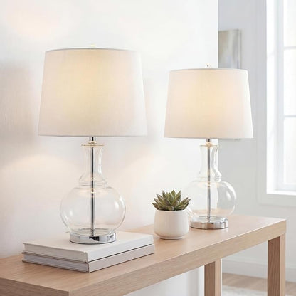 JONATHAN Y JYL1068B-SET2 25" Clear Glass Table Lamp Set of 2 for Living Room Bedroom, Contemporary Glam Bedside Nightstand Lamps with White Linen Drum Shade and Chrome Base, LED Bulbs Included