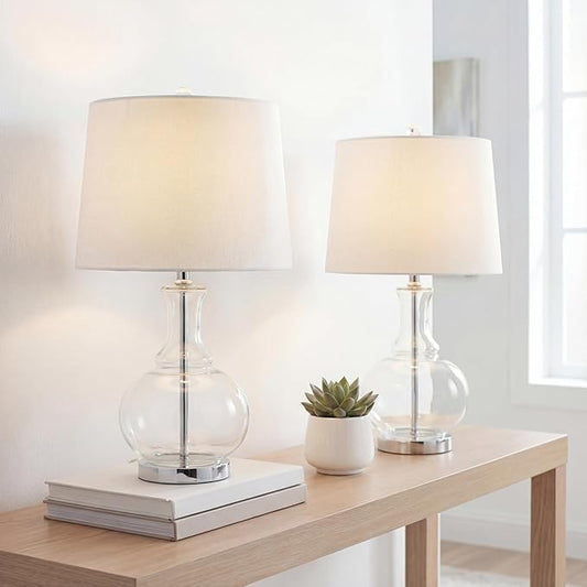 JONATHAN Y JYL1068B-SET2 25" Clear Glass Table Lamp Set of 2 for Living Room Bedroom, Contemporary Glam Bedside Nightstand Lamps with White Linen Drum Shade and Chrome Base, LED Bulbs Included