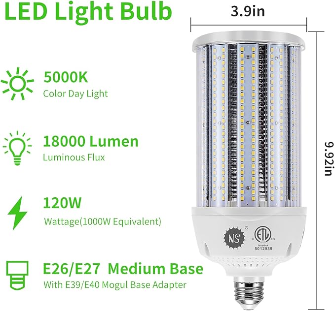 NS 2-Pack 120W LED Corn Bulbs,5000K,AC110-277V,18000lm,E26/E39 Base,LED Replacement Metal Halide HID CFL for Commercial Industrial Lighting Warehouse High Bay Light Fixture Garage Workshop