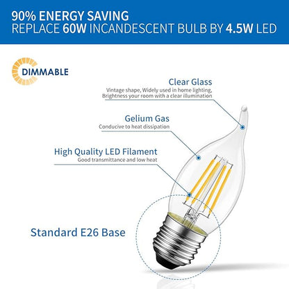 ANWIO Flame Tip LED Filament Bulb Candelabra E26 Base, Dimmable 4.5W (60W Equivalent) B11 Chandelier Candle Light Bulb，2700K Warm White 6-Pack