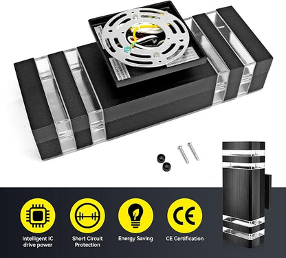 Outdoor Wall Light Dusk to Dawn, Exterior Sconce Lighting Fixture, Up and Down Porch Light Waterproof Aluminum Square PC and Tempered Glass Cover 3000k 7W 2Pack Black Certificate ETL