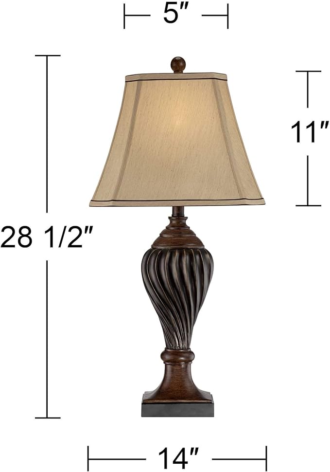 Regency Hill Carved 28 1/2" Tall Urn Traditional End Table Lamps Set of 2 Two-Tone Brown Finish Beige Shade Living Room Bedroom Bedside Nightstand House Office Home Kitchen Entryway Console Family