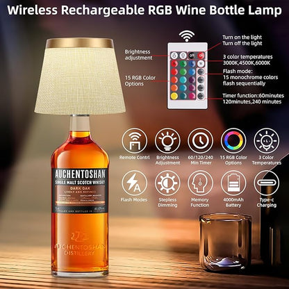 Wireless Bottle Lamp Shades, Wine Bottle Lamps with RGBW Touch Dimmable Bottle Lights, 4000mAh Rechargeable LED Bottle Lamp Lights for Bedroom Bar Restaurant Home Decor (Gold)