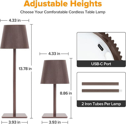 LUTEC 2 Pack Cordless Table Lamp,6000mAh Rechargeable Battery Operated Desk Lamp,Two Adjustable Heights,Waterproof, Touch Control & 3 Color Stepless Dimming for Restaurant/Bedroom/Bars/Outdoor (Brown)