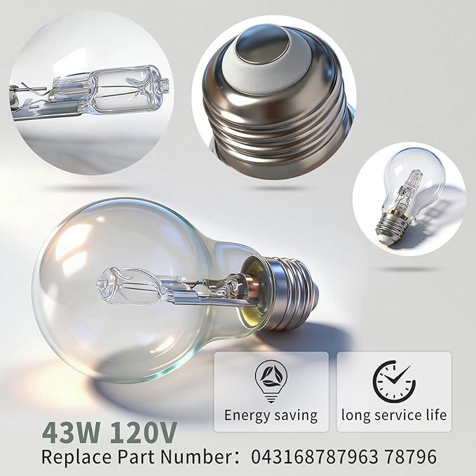 Halogen Light Bulb 043168787963 78796 for E26 Thread Suitable 43 Watt A19 Bulb Types Replace 60 Watt Incandescent Light Bulb(8Pcs)