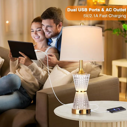 26" Modern Table Lamps, Gold Set of 2 Table Lamps Night Light with 2 USB Charging Ports & AC Outlet, Bedside Nightstand Lamp White Shade for Living Room Bedroom Home Decor(2 LED Bulbs Included)
