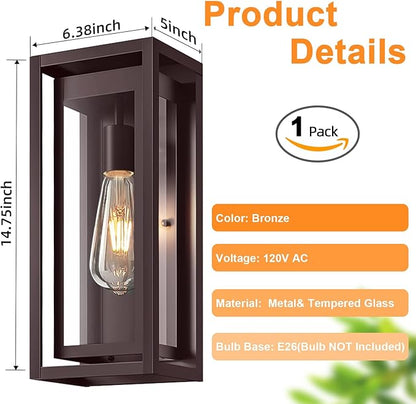 15" Large Oil Rubbed Bronze Outdoor Light Fixture, ORB Outdoor Sconces, Modern Waterproof Wall Lights with Clear Glass Shade for Front Door, Porch, Garage, 1 Pack
