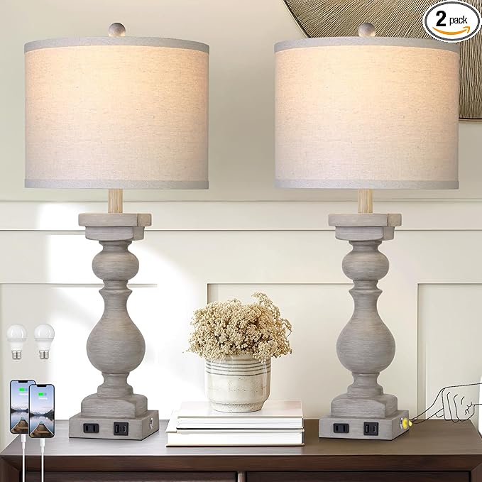 28" Tall Farmhouse Table Lamps Set of 2 with USB C+A Ports and AC Outlet, 3 Way Touch Tall Rustic Bedside Lamps for Living Room, Grey Vintage Lamps for Bedroom
