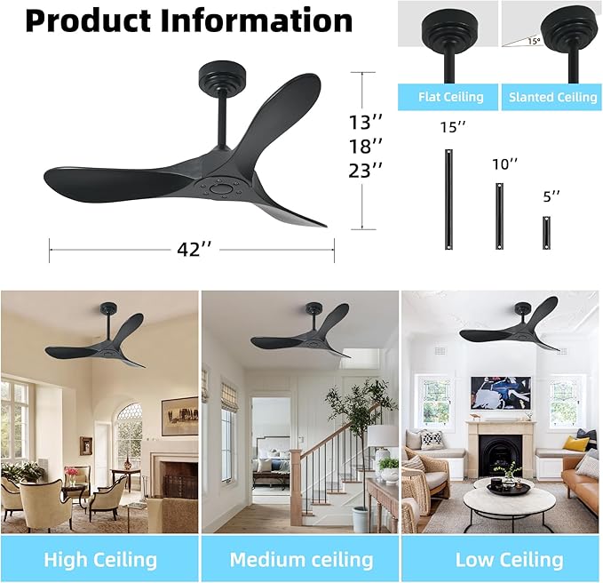 Outdoor Ceiling Fan Without Light, 42Inch Smart Ceiling Fan with Remote & Voice Control for Alexa/Google, 3-Blade Wood Fan, Quiet DC Motor, 6 Speeds for Patio, Porch, Farmhouse, Black