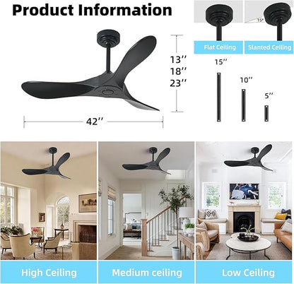 Outdoor Ceiling Fan Without Light, 42Inch Smart Ceiling Fan with Remote & Voice Control for Alexa/Google, 3-Blade Wood Fan, Quiet DC Motor, 6 Speeds for Patio, Porch, Farmhouse, Black