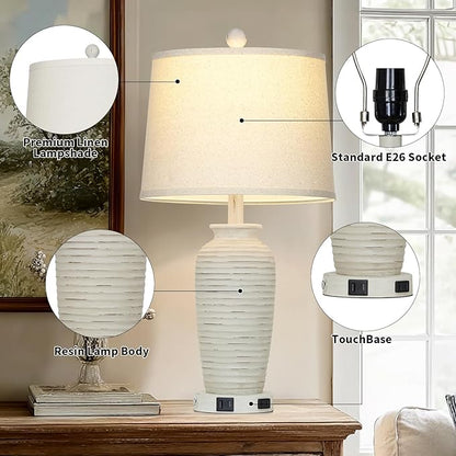 25" Retro White Farmhouse Jar Table Lamps for Living Room, 3 Way Touch Control Rustic Bedside Lamps with USB A+C Ports & AC Outlet, Pot Nightstand Lamps for Bedroom (LED Bulbs Included)