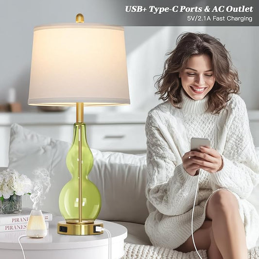 27.5" Green Glass Double Gourd Table Lamp Set of 2,3-Way Dimmable Touch Control Bedside Lamps with USB Ports and AC Outlet, Nautical Nightstand Lamps for Bedroom Living Room