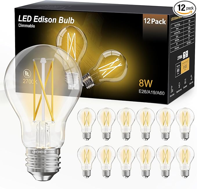 DAYBETTER 12 Pack A19 Vintage LED Edison Bulbs, 60W Equivalent, Dimmable, High Brightness 2700K Warm White, 800 Lumens, 8W E26 Standard Base, CRI80+, Clear Glass Filament Bulb for Living Room