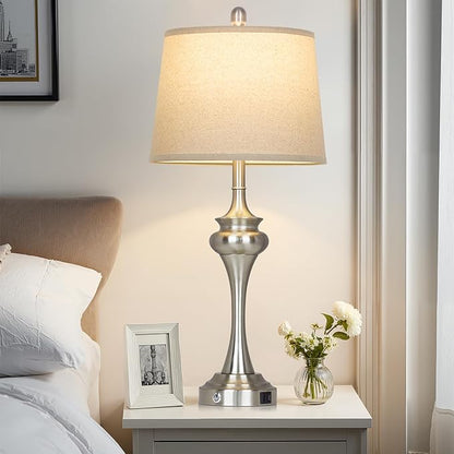 30 inch Silver Table Lamp Single, 3 Way Touch Control Bedside Lamp with USB A+C Ports, Modern Brushed Nickel Bedroom Lamps for Nightstand, Tall Metal Living Room Lamps for Side Table Office
