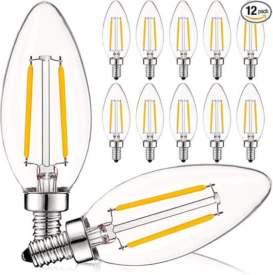 LUXRITE 4W Vintage Candelabra LED Bulbs Dimmable, 400 Lumens, 2700K Warm White, Chandelier Light Bulbs 40W Equivalent, Clear Glass, Filament Candle Bulb, UL Listed, E12 Base (12 Pack)