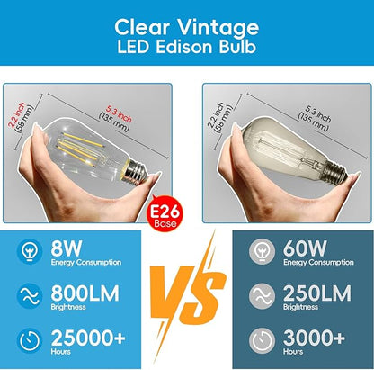 Jensense Edison LED Light Bulbs 8Watt Dimmable Light Bulbs 5000K Daylight White, E26 LED Bulb 60watt Equivalent, Vintage Bulbs 800lm CRI 90 Clear Glass 4 Packs