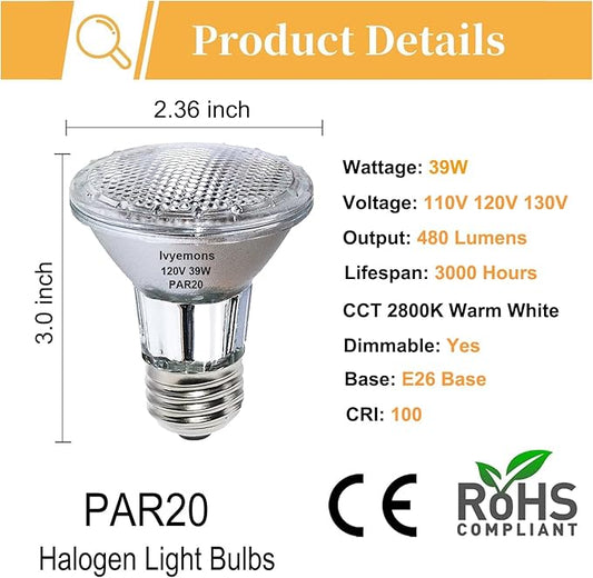 PAR20 Flood 39W 120V 480 Lumens- 9 Pack PAR20 Flood Light Bulbs with E26 Base, PAR 20 Dimmable 2800K Warm White, Long Lasting 39W PAR 20 Bulb for Recessed Lighting & Hood Range Light Bulbs