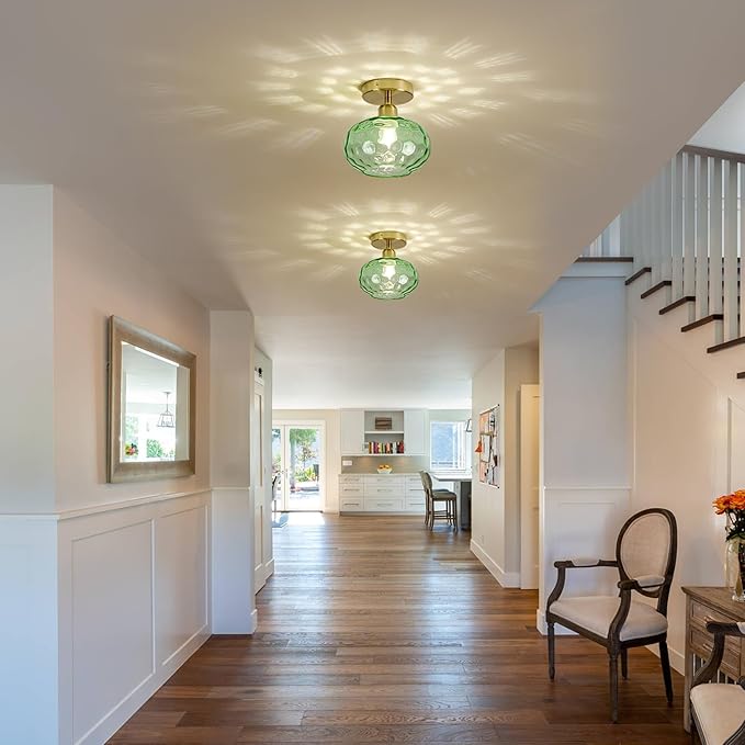 Green Glass Semi Flush Mount Ceiling Light - 7.9 Inch Hammered Art Deco Glass Small Hallway Light fixtures, Vintage Gold Flush Mount Ceiling Light for entryway Foyer Laundry Room Kitchen