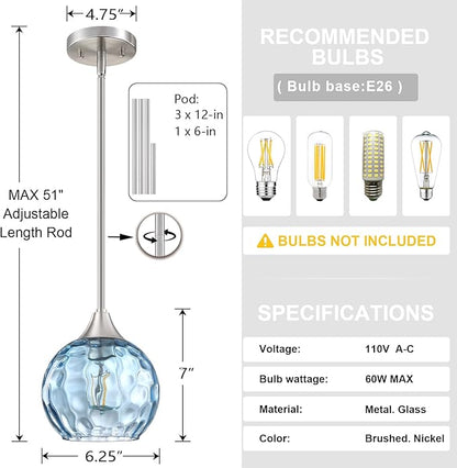 Hanging Modern Farmhouse Pendant Light Fixture,6.3" Hammer Globe Blue Glass 3 Pack Mini Pendant Lighting Brushed Nickel Finish for Kitchen Island Dinning Over Sink Living Room Decor
