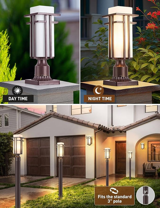 Oil Rubbed Bronze Outdoor Post Lights,Waterproof Pole Mount Light Fixture with Pier Mount Adapter(with 3-Inch Pier Mount Base), Exterior Lamp Post Lantern Head for Yard,Garden Backyard and Porch