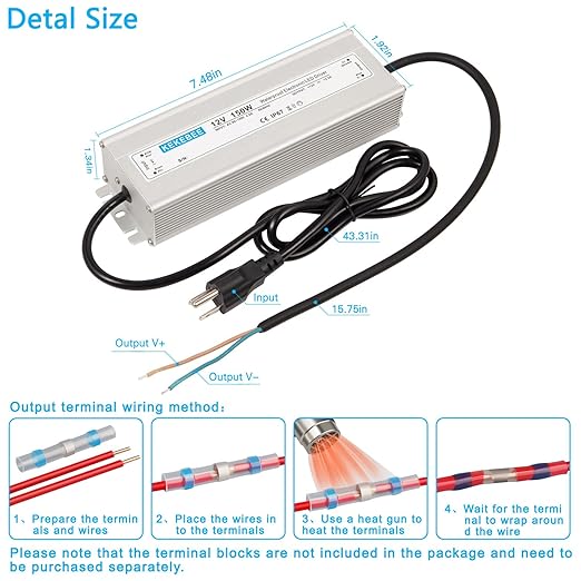 LED Driver 12V150W Waterproof IP67 Power Transformer AC90-130V to DC 12V12.5A Low Voltage Switching Power Supply with 3-pin US Plug for Indoor and Outdoor LED Light Strips and 12V DC Devices