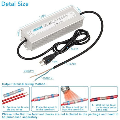 LED Driver 12V150W Waterproof IP67 Power Transformer AC90-130V to DC 12V12.5A Low Voltage Switching Power Supply with 3-pin US Plug for Indoor and Outdoor LED Light Strips and 12V DC Devices