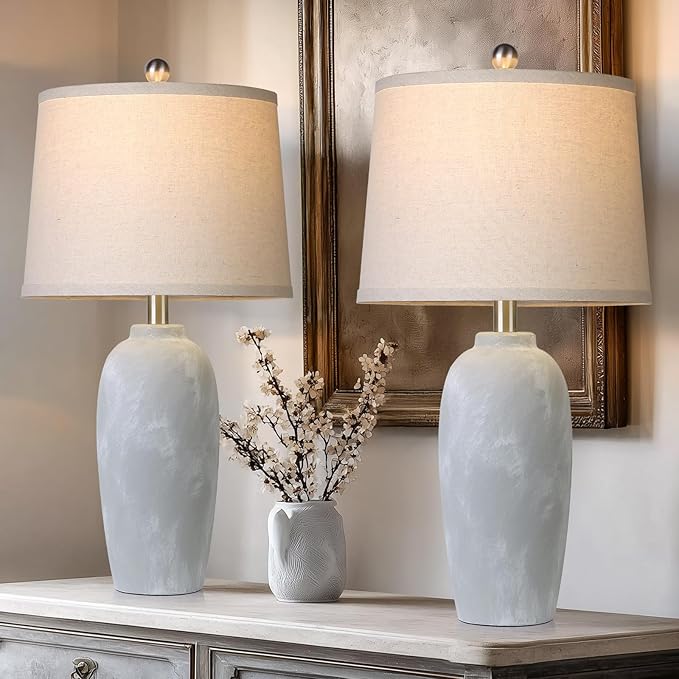 25“ Jar Table Lamps Set of 2, Ceramic Bedside Lamps for Bedroom, Grey Farmhouse Nightstand Lamps for Living Room