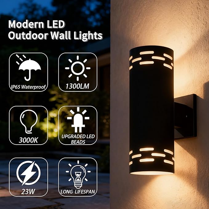 Modern Outdoor Wall Lights,Stainless Steel, 23W 3000K Integrated LED Cylinder Up Down Wall Sconce Porch Lighting IP65 Waterproof Patio Wall Light Fixture for House Porch Entryway